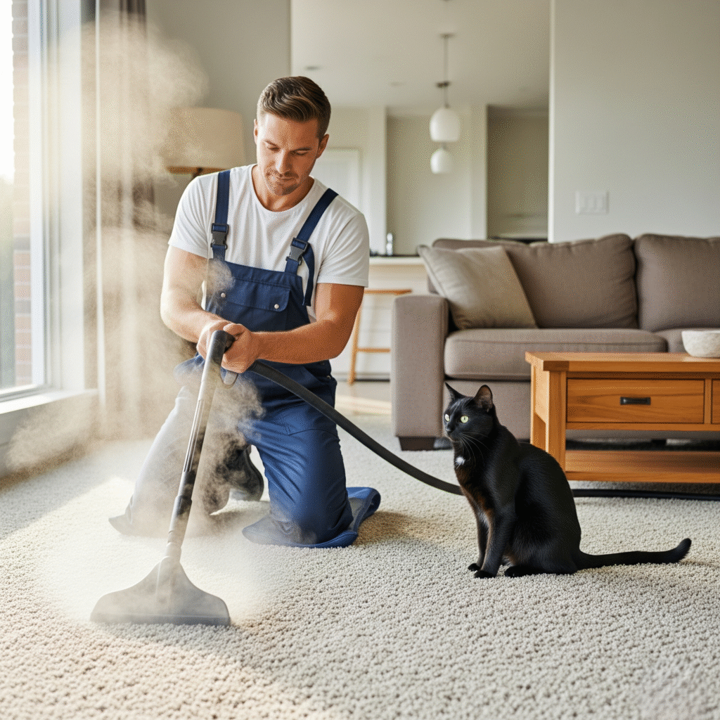 steam cleaner on a carpet with a cat