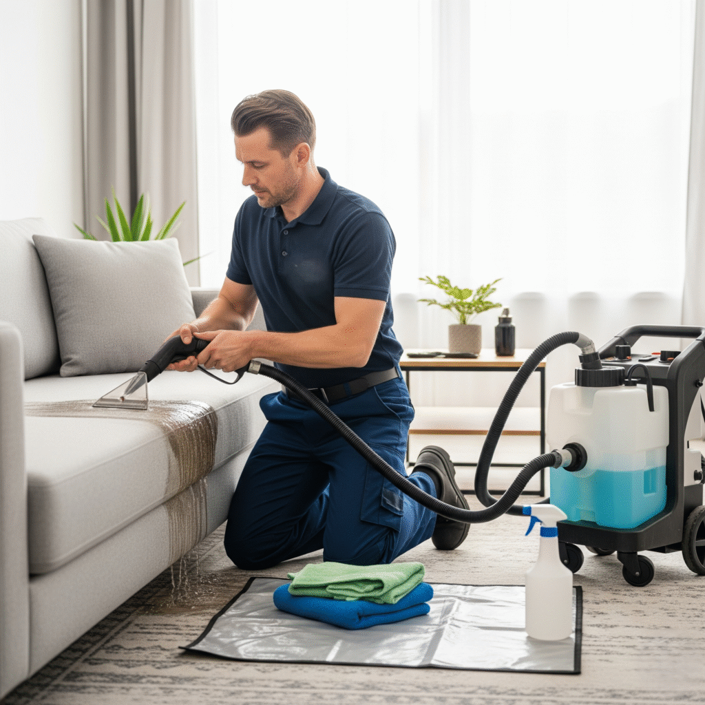 technician cleaning a sofa