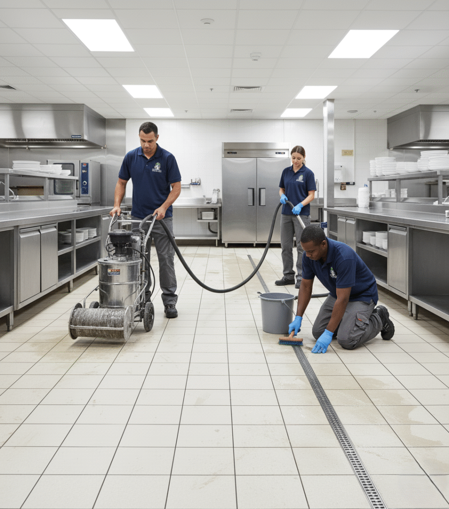 Crew cleaning tiles in a large commercial kitchen or retail space