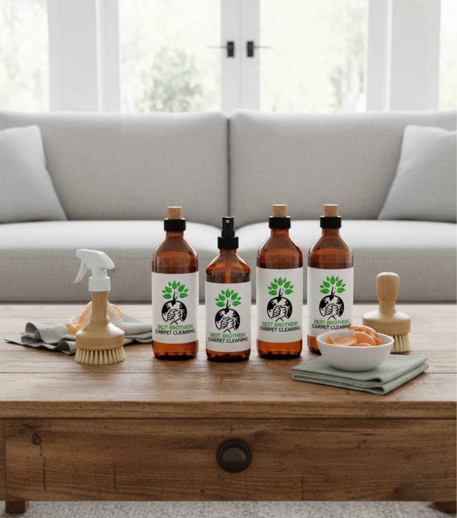 Eco friendly cleaning products and tools arranged near a sofa.