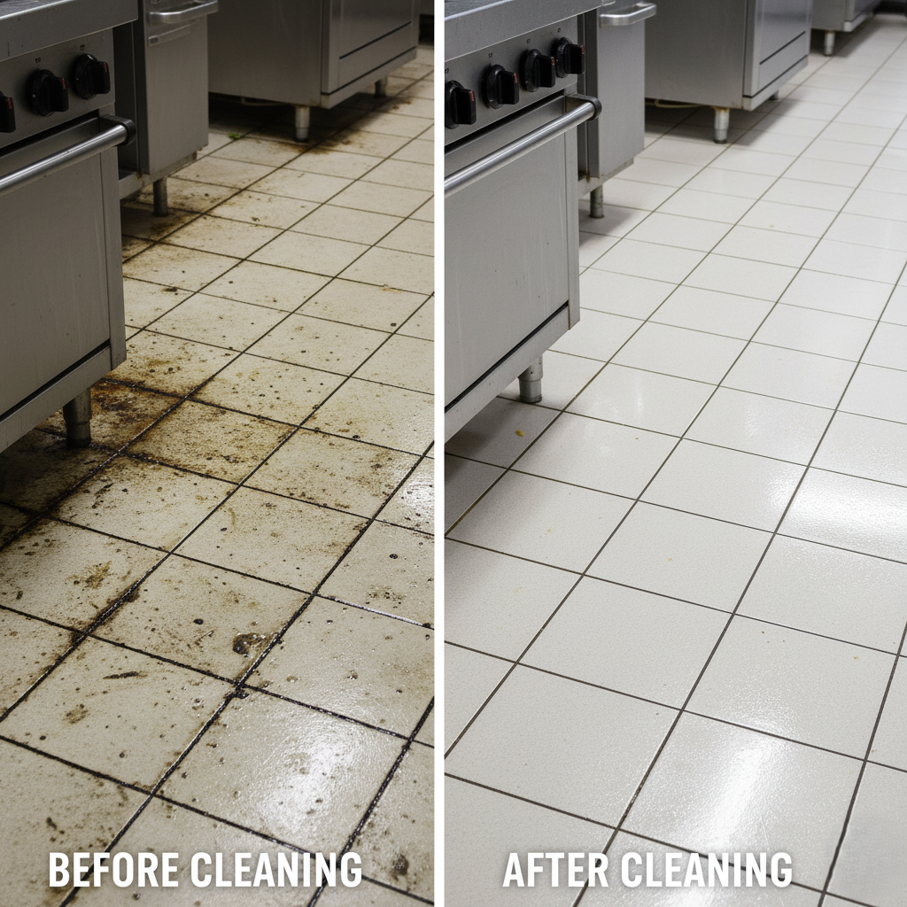 commercial tile floor before and after professional cleaning.