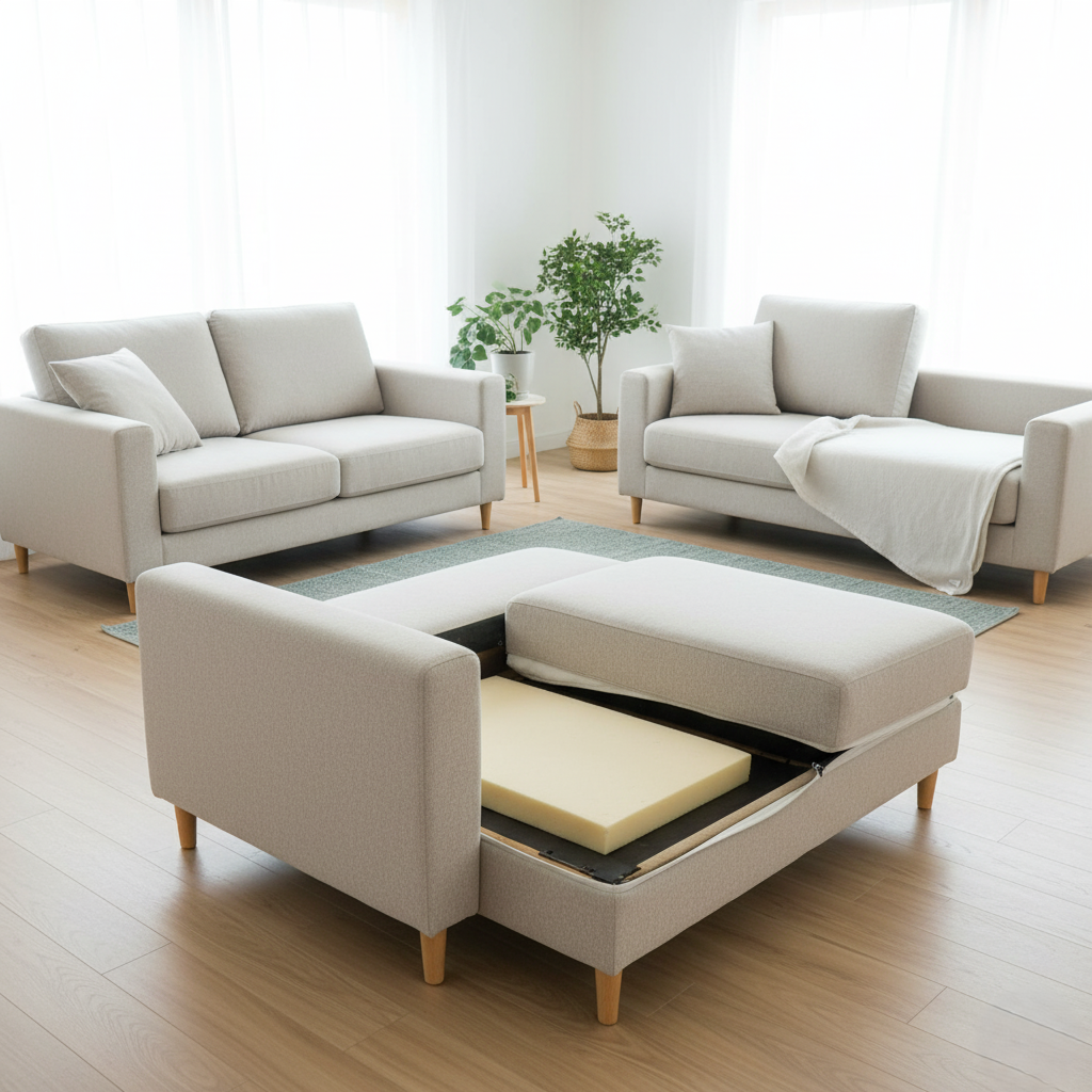 A living room with sofas that have removable covers.