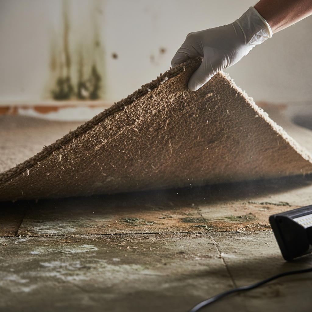 Close up of carpet padding being lifted to reveal moisture damage.