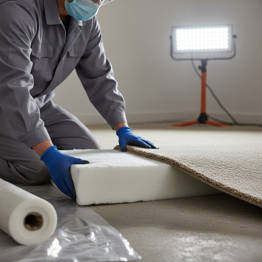 Technician installing new carpet padding beneath existing carpet.