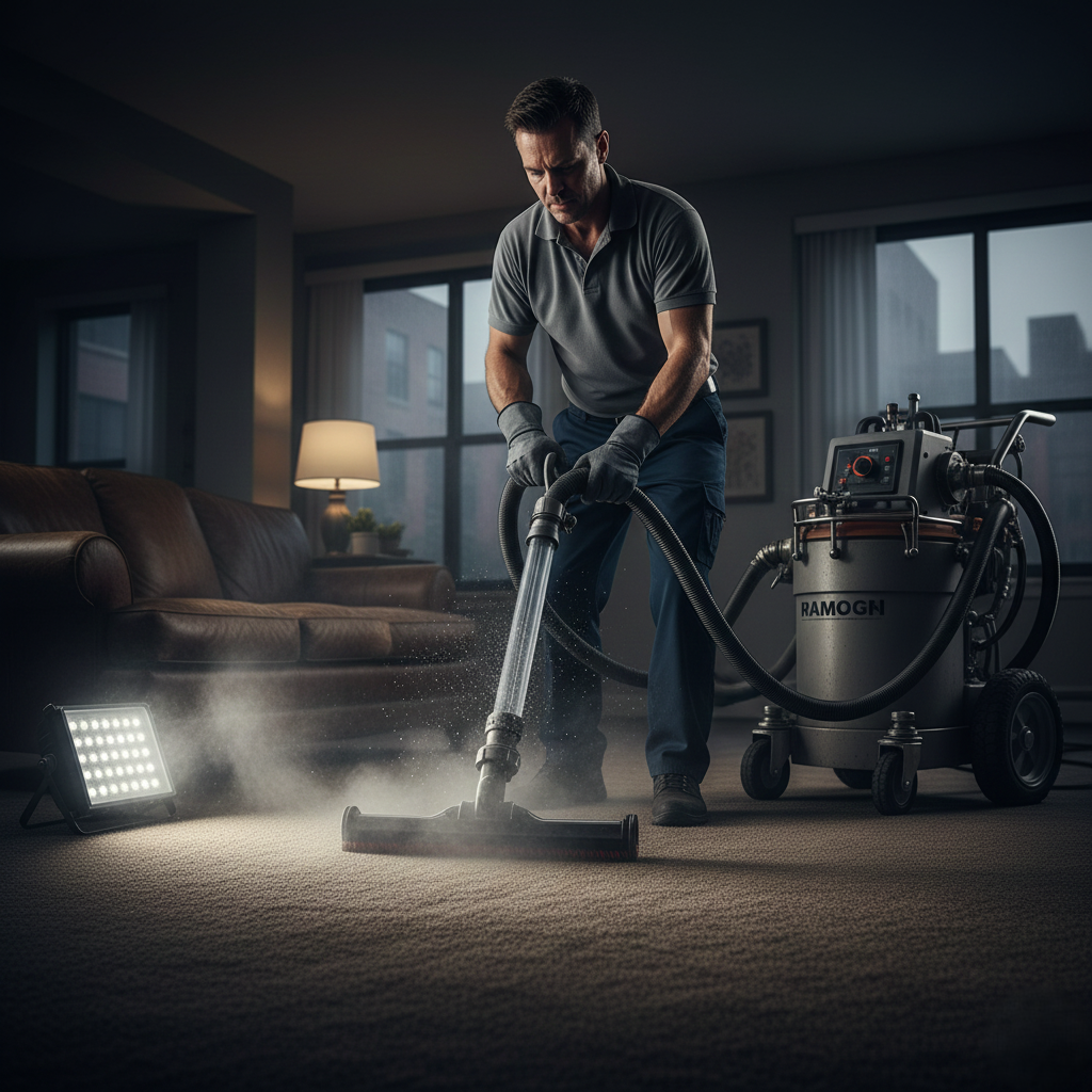 Technician using a commercial grade hot water extraction machine on a carpet.