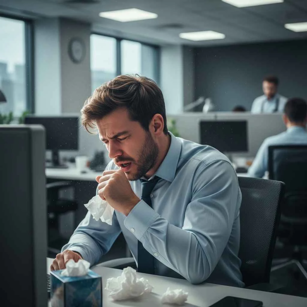 Hidden Health Risks of Dirty Office Carpets in the North Bay Area 1 employee coughing or experiencing allergies at work