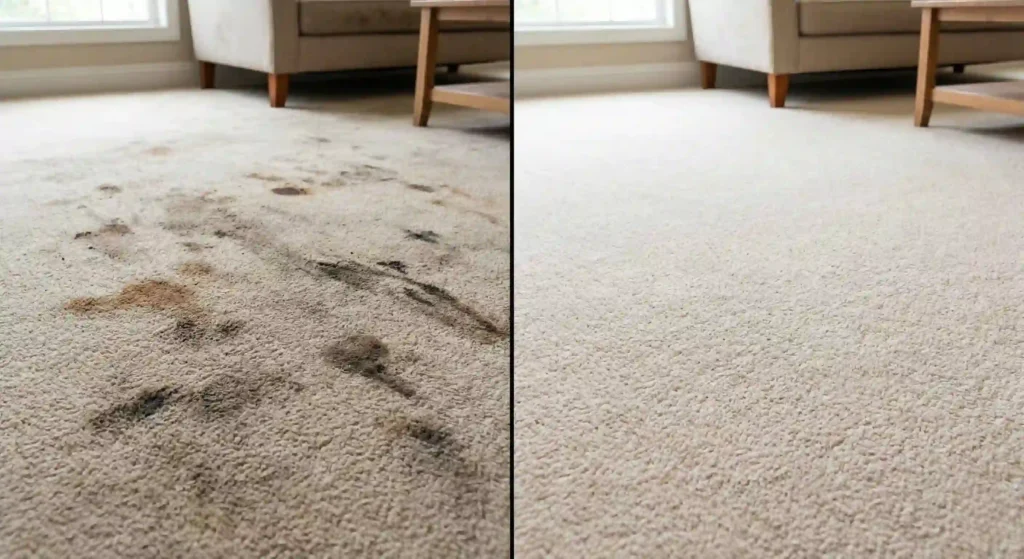 beforeafter image of stained vs cleaned carpet.