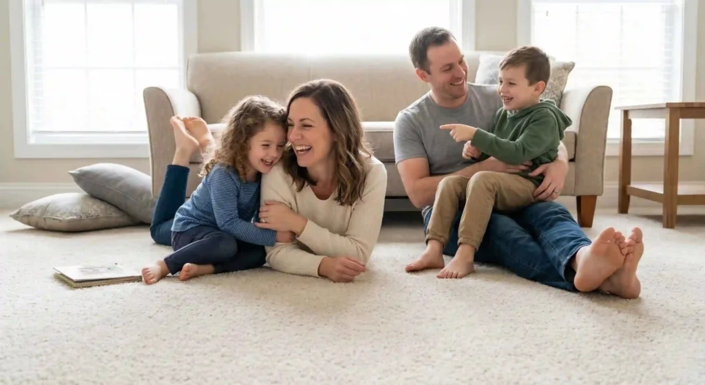 happy family relaxing on clean carpet.