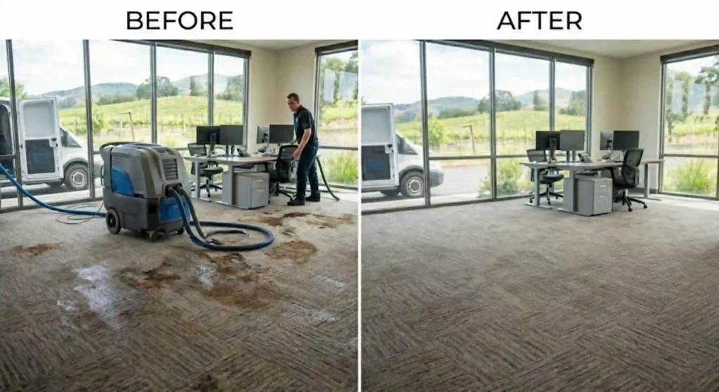 beforeafter image of stained vs. cleaned carpet