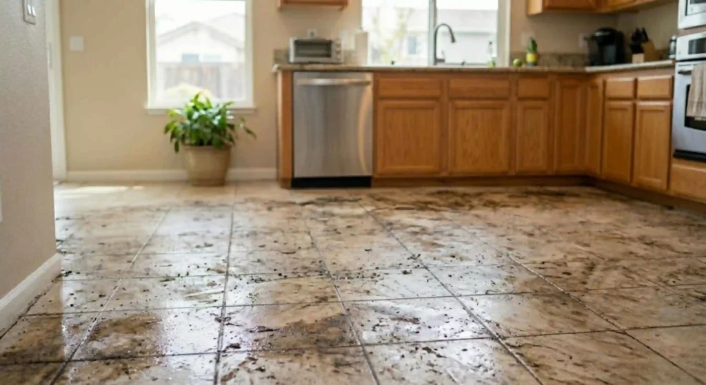 dirty grout lines in a kitchen floor
