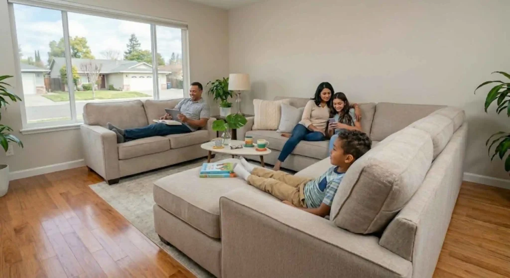 family relaxing on clean couch