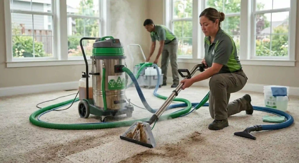 steam cleaning equipment extracting dirt from carpet