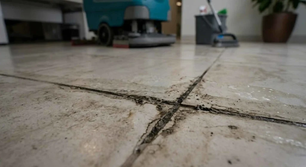 Dirty grout lines in office floor before professional cleaning in Fairfield