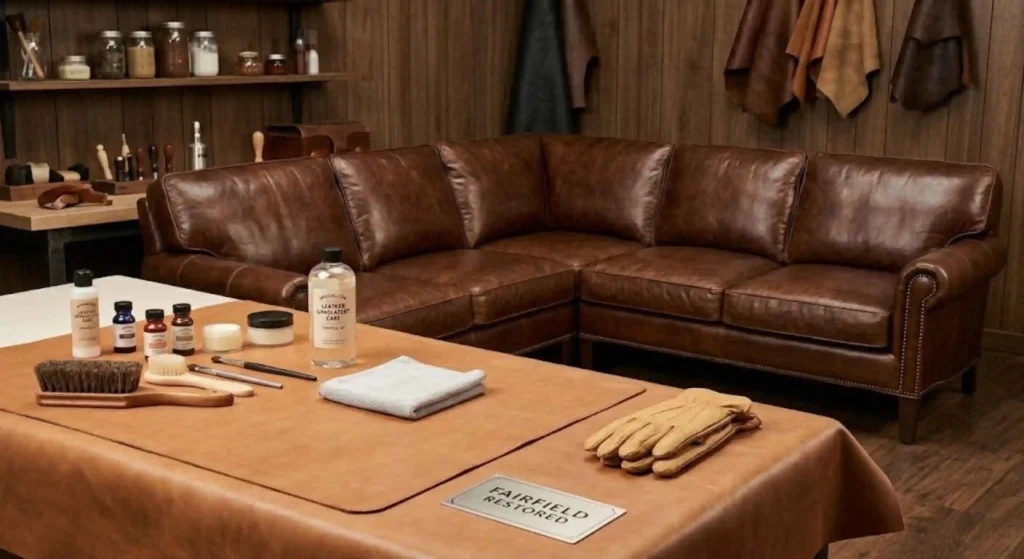 Restored leather sectional after professional cleaning in Fairfield