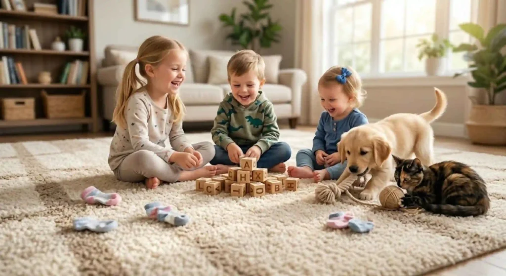 kids and pets on clean carpet
