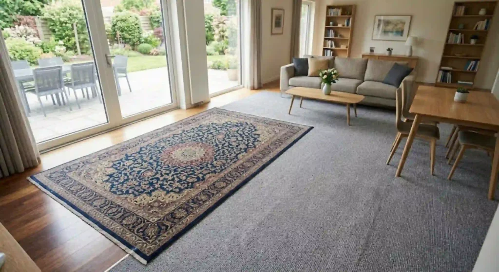Freshly cleaned wool and synthetic carpet after professional service