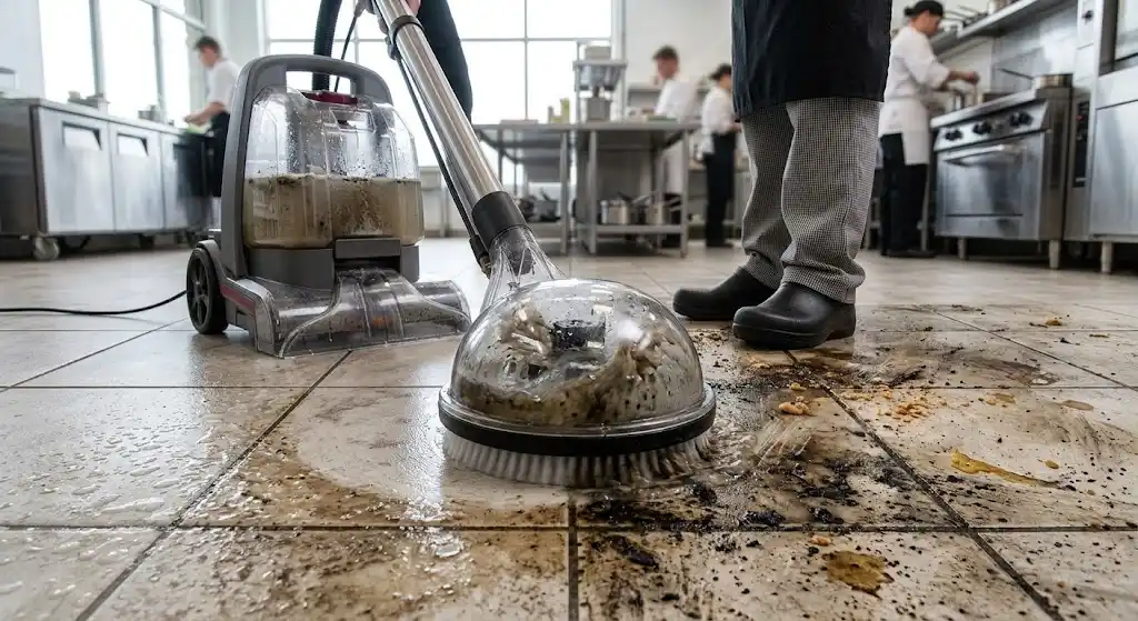 Why Commercial Kitchens Need Professional Tile Cleaning 1 Commercial Tile Cleaning equipment removing grease and grime from restaurant grout