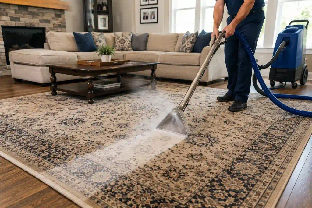 How Often Should You Professionally Clean with rug cleaning? 1 Oakley family area rug receiving professional deep rug cleaning