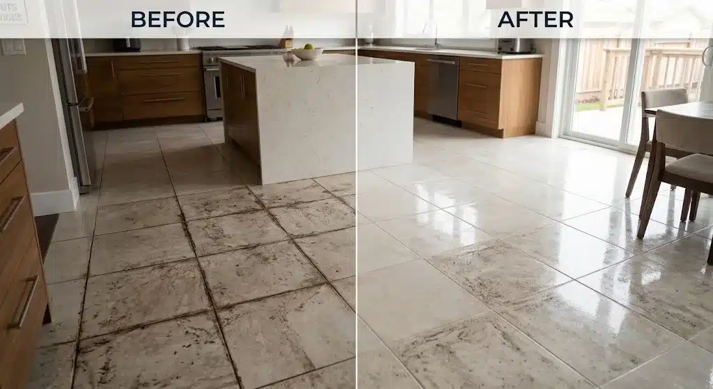 Top Benefits of Professional tile cleaning service 2 Before and after style view of professionally cleaned tile and grout in an Oakley residence
