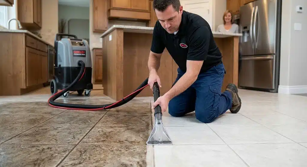 Top Benefits of Professional tile cleaning service 1 Oakley tile cleaning technician brightening stained grout lines with professional equipment