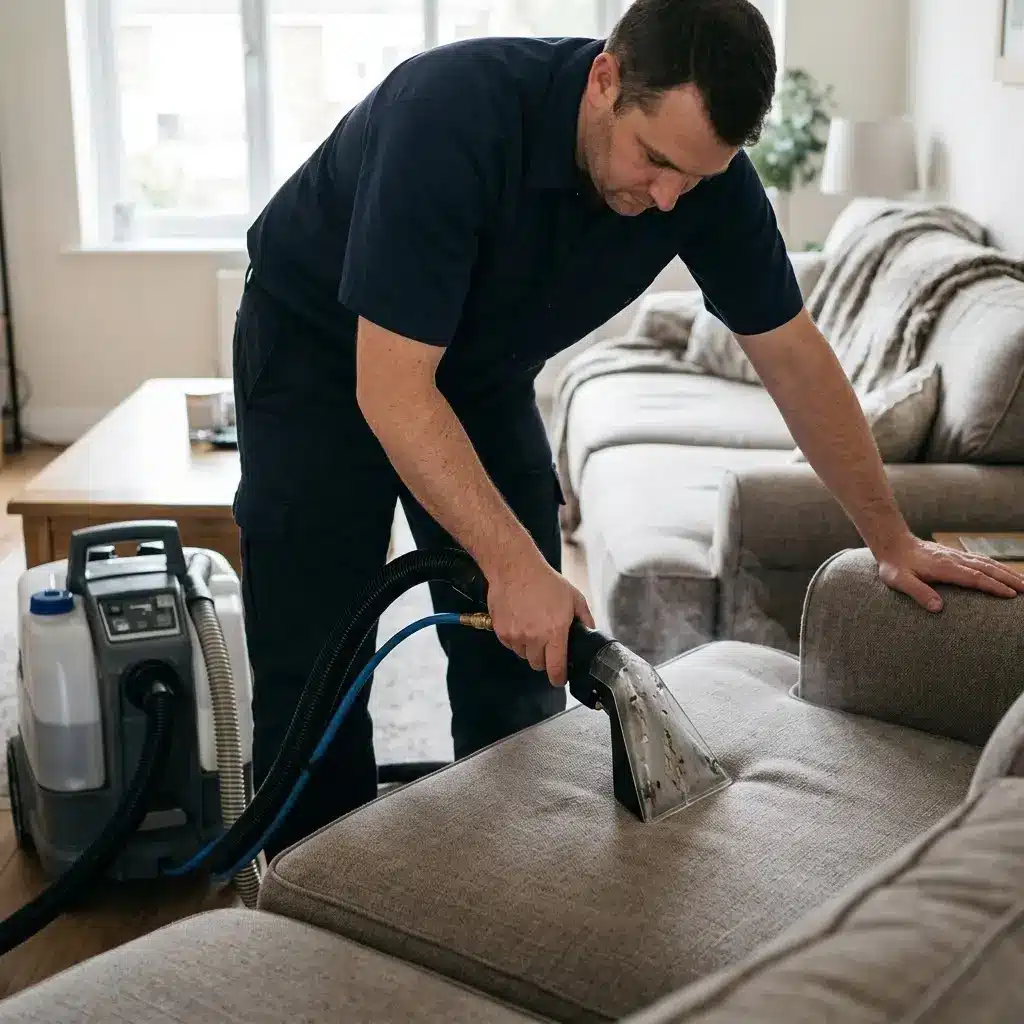 How To Get Rid Of Dust Mites From Upholstery 1 Best Brothers Carpet Cleaning technician performing professional upholstery cleaning to remove embedded dust and allergens.
